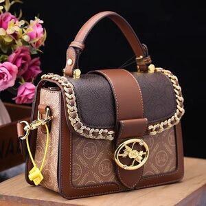 Brown crossbody top handle satchel bag gold chain small purse